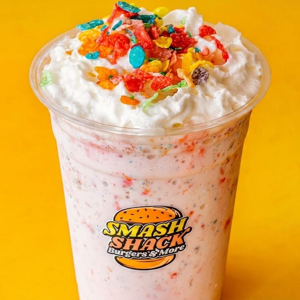 Pink milkshake topped with whipped cream and colorful cereal pieces in a Smash Shack cup against a bright yellow background.