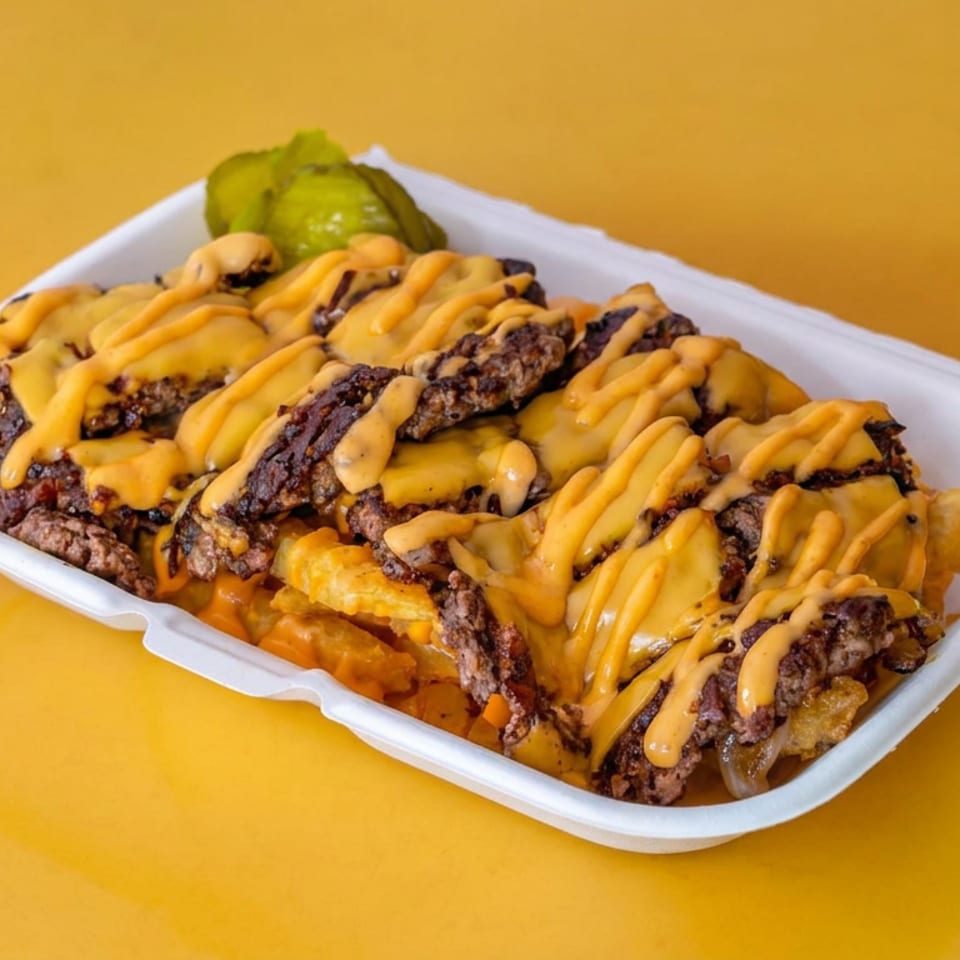 Loaded fries topped with chopped grilled beef, melted cheese, creamy sauce, and pickles in a white takeaway tray.