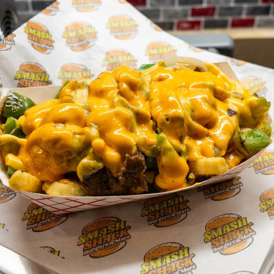Loaded fries topped with melted cheese, vegetables, and crispy meat served on Smash Shack branded paper.