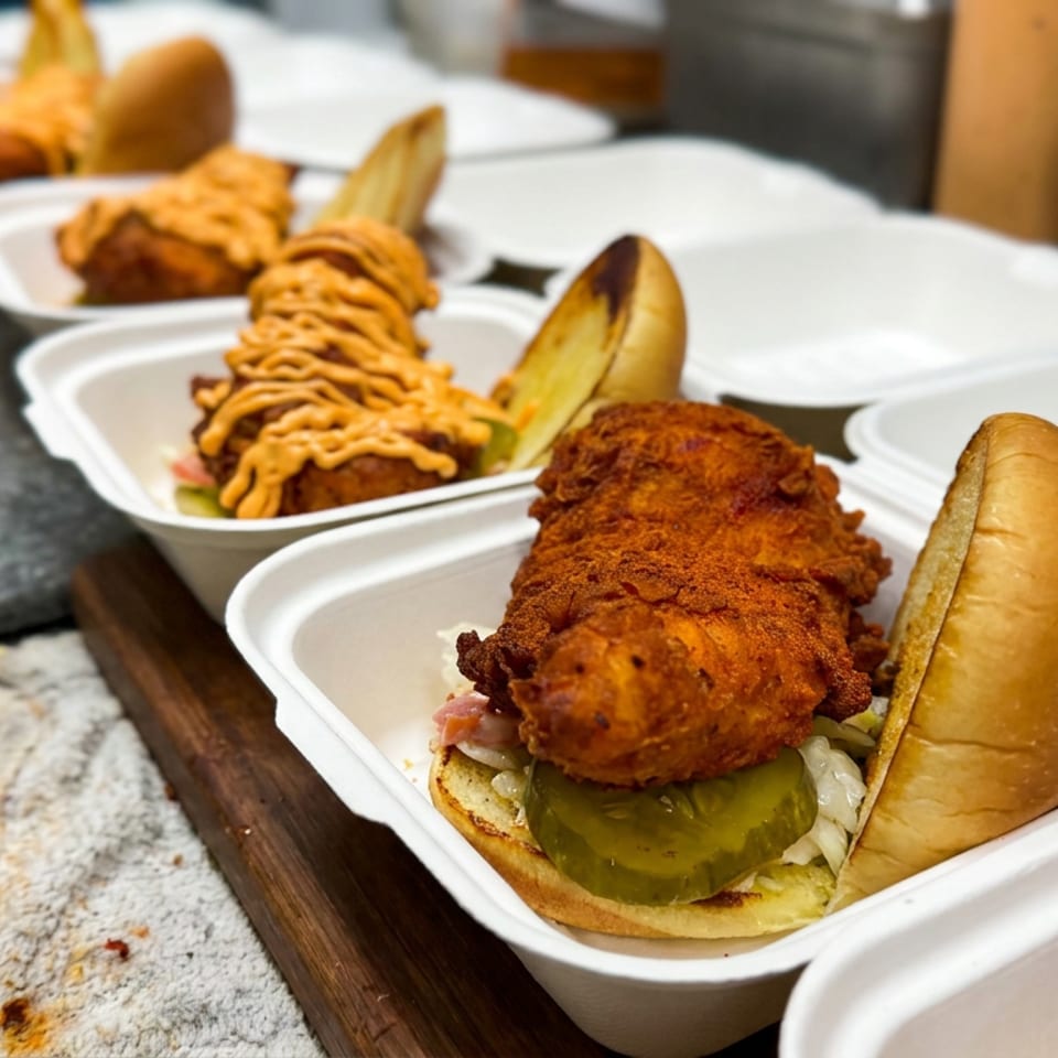 Crispy fried chicken sandwiches with pickles and sauce arranged in open takeout containers on a restaurant counter.