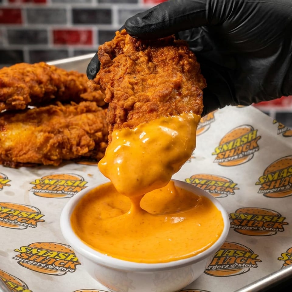 Gloved hand dips a crispy fried chicken tender into creamy orange sauce on a branded Smash Shack tray.