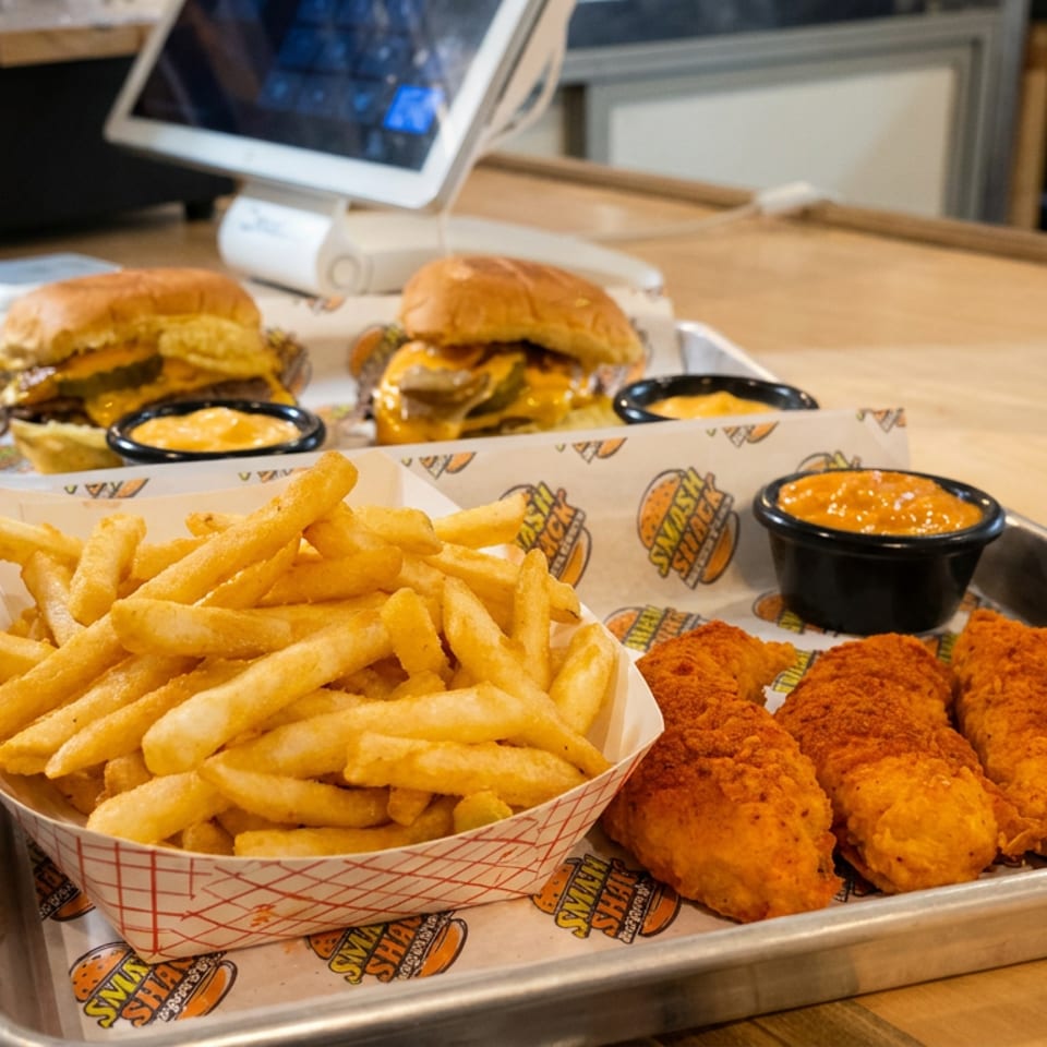 Tray of crispy chicken tenders, French fries, dipping sauces, and cheeseburgers on a restaurant counter.