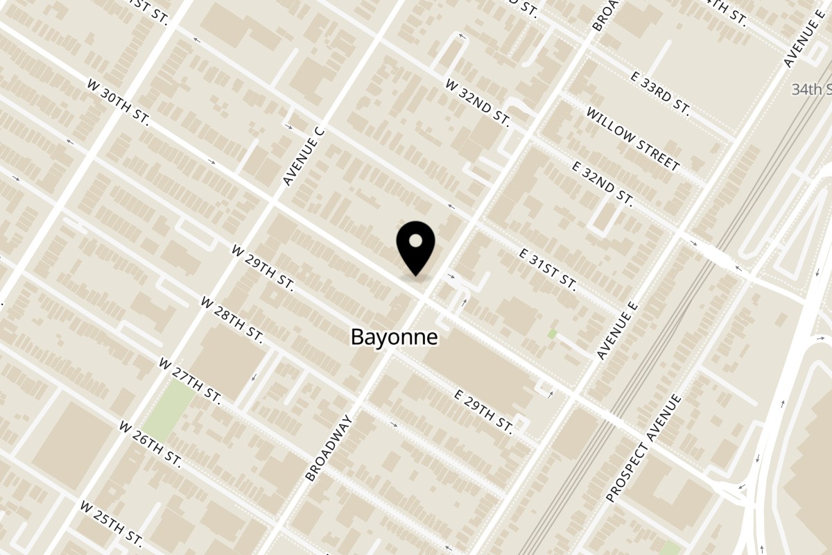 Map showing the location of The Smash Shack on 645 Broadway in Bayonne